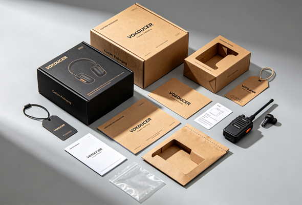 VOXDUCER custom printed packaging and box solution for two‑way radio accessories